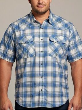 Magellan Shirt Men L Blue Plaid Snap Button Adventure Gear Fishing Hiking spring
